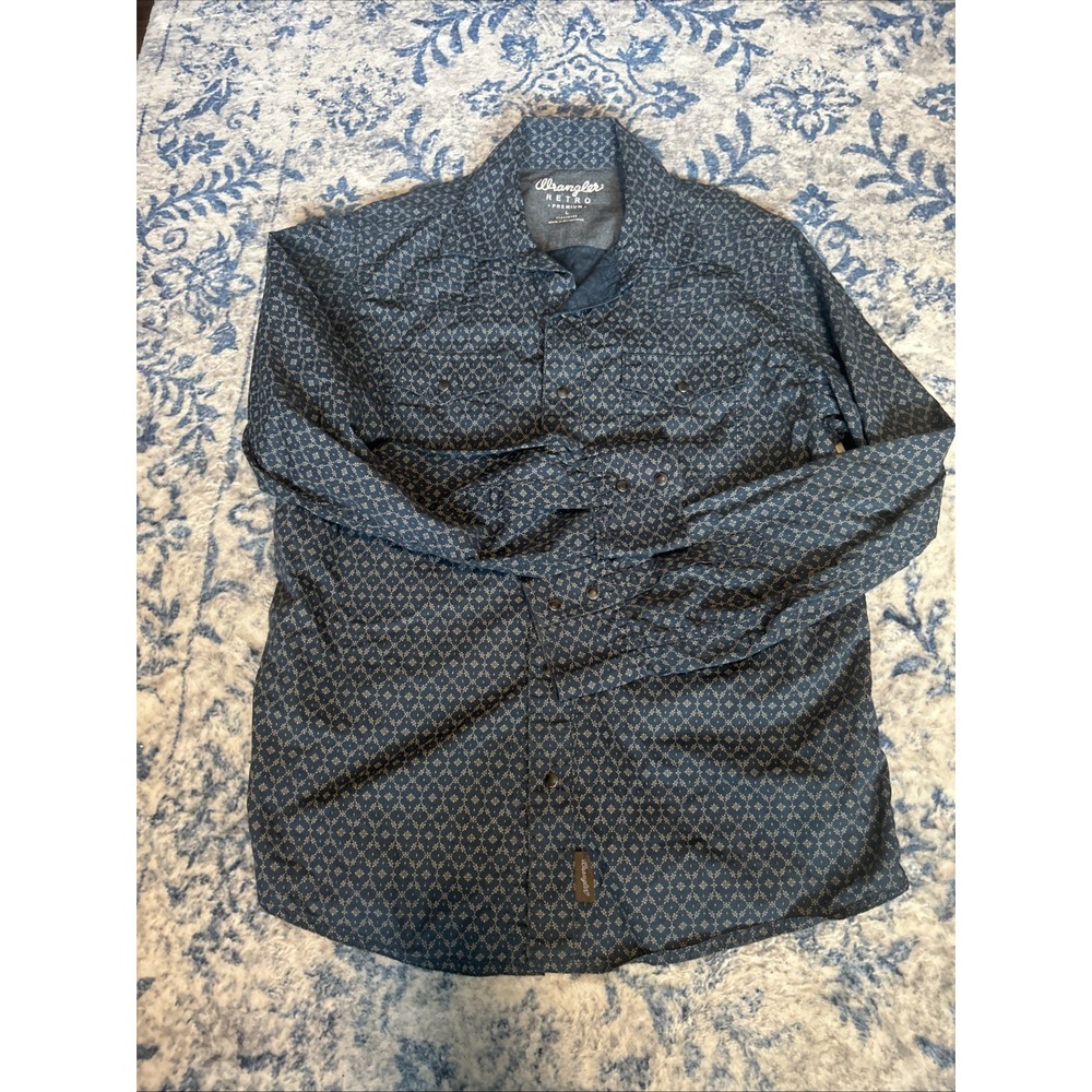 Wrangler Retro Premium Mens Blue Geometric Western Pearl Snap Shirt L